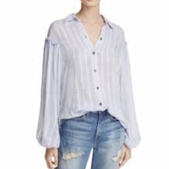 Free People Blue Gauzy Shirt Blouse Size M - Picture 3 of 11